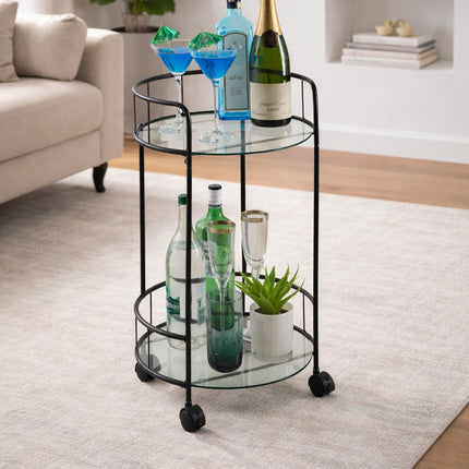 Stylish Black Drinks Trolley Two Glass Shelves Eye Catching Black With Castor