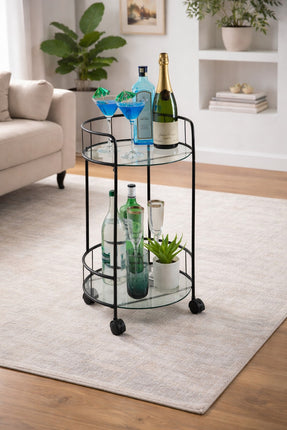 Stylish Black Drinks Trolley Two Glass Shelves Eye Catching Black With Castor