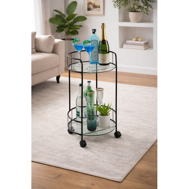 Stylish Black Drinks Trolley Two Glass Shelves Eye Catching Black With Castor