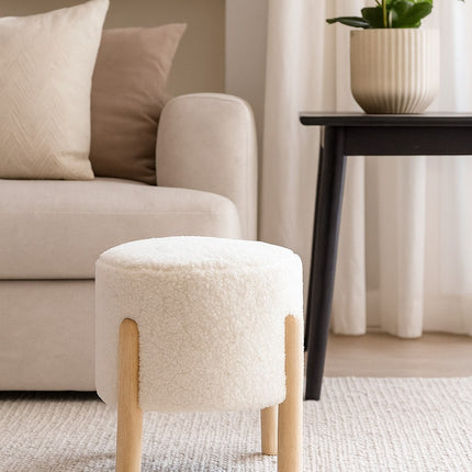 Faux Sheep Skin Footstool White Fur with Wooden Legs