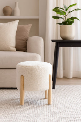 Faux Sheep Skin Footstool White Fur with Wooden Legs