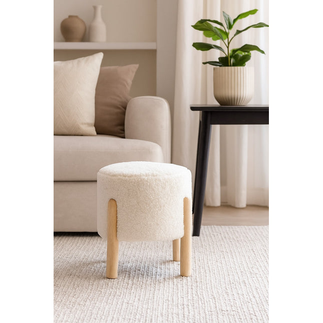 Faux Sheep Skin Footstool White Fur with Wooden Legs