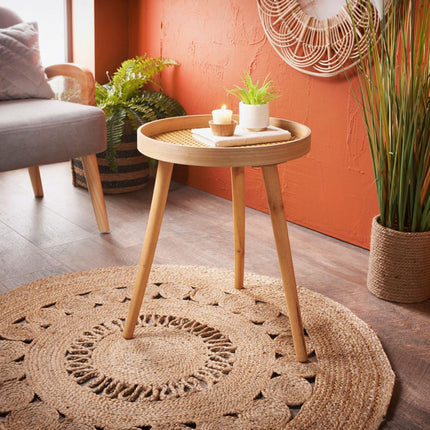 Side Table - Natural Wooden Accent Table with Pine Legs and MDF Tray, Compact Round Design, Small End Table for Living Room, Bedroom, or Office
