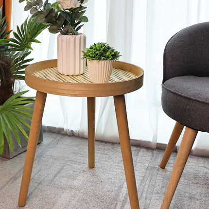 Side Table - Natural Wooden Accent Table with Pine Legs and MDF Tray, Compact Round Design, Small End Table for Living Room, Bedroom, or Office