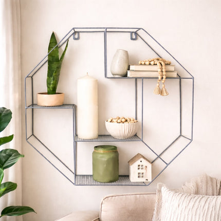 Modern Metal Hexagon Wall Shelf - Stylish Grey Floating Storage, Geometric Decor, Multi-Functional Display Rack, Durable Hanging Organizer, Contemporary Home Accent