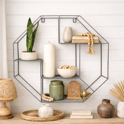 Modern Metal Hexagon Wall Shelf - Stylish Grey Floating Storage, Geometric Decor, Multi-Functional Display Rack, Durable Hanging Organizer, Contemporary Home Accent