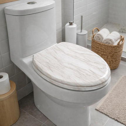 Wooden Toilet Seat 18”, MDF Wood Construction, Universal Round Fit, Sturdy & Comfortable, Available in Various Designs