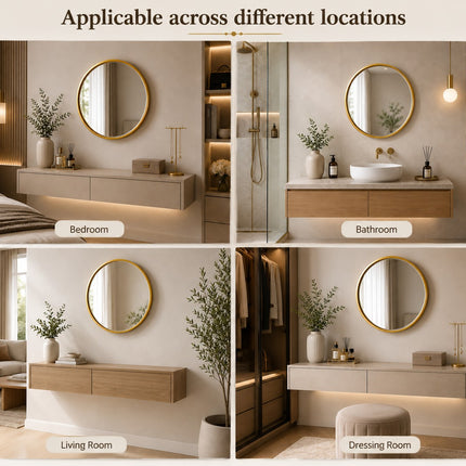 40/50/60cm Round Black Wall Mirror – Glass & Aluminum Alloy Frame Decorative Mirror for Bathroom, Bedroom & Living Room