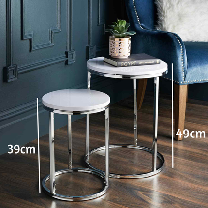 Nest of 2 Round Chrome Side End Tables - White