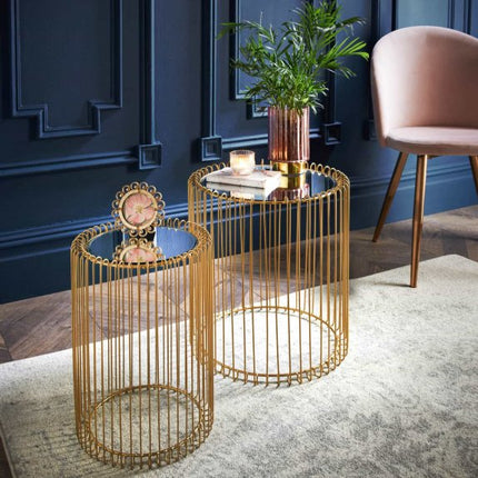 Nesting Table Set of 2 Round End Cage Tables - Gold