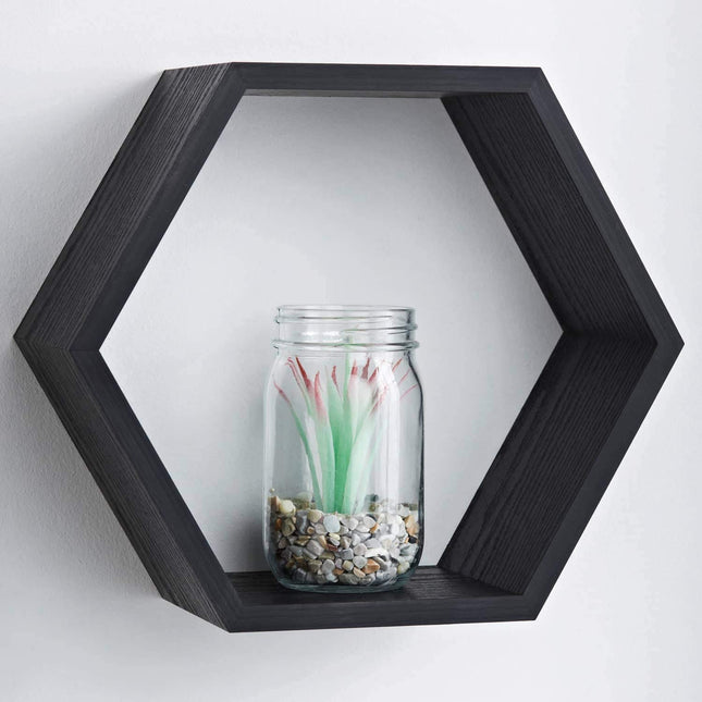 Hexagon Floating Shelves Wooden Wall Mounted - Black