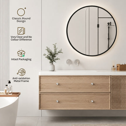 40/50/60cm Round Black Wall Mirror – Glass & Aluminum Alloy Frame Decorative Mirror for Bathroom, Bedroom & Living Room