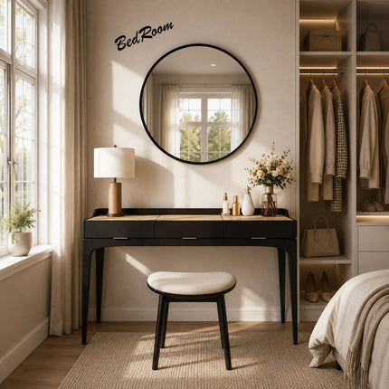 40/50/60cm Round Black Wall Mirror – Glass & Aluminum Alloy Frame Decorative Mirror for Bathroom, Bedroom & Living Room