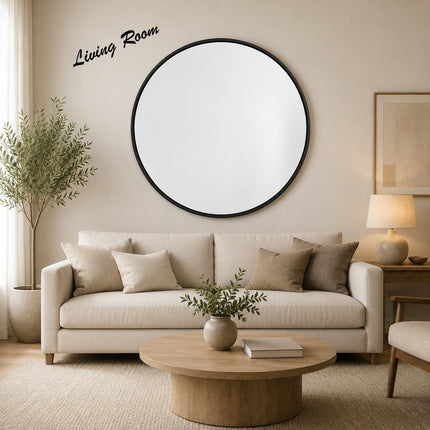 40/50/60cm Round Black Wall Mirror – Glass & Aluminum Alloy Frame Decorative Mirror for Bathroom, Bedroom & Living Room