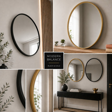 40/50/60cm Round Black Wall Mirror – Glass & Aluminum Alloy Frame Decorative Mirror for Bathroom, Bedroom & Living Room