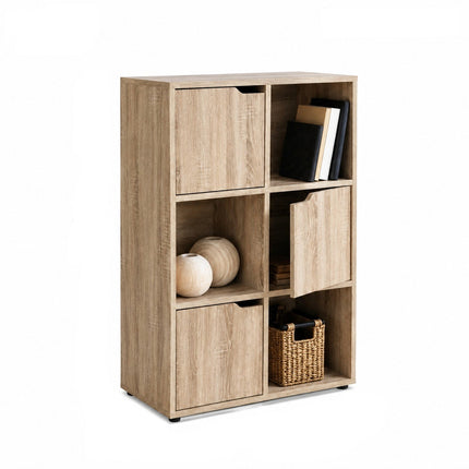 6 Cube Bookcase Shelving Unit with 3 Doors Oak Storage Display Cabinet