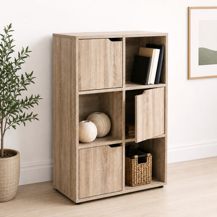6 Cube Bookcase Shelving Unit with 3 Doors Oak Storage Display Cabinet