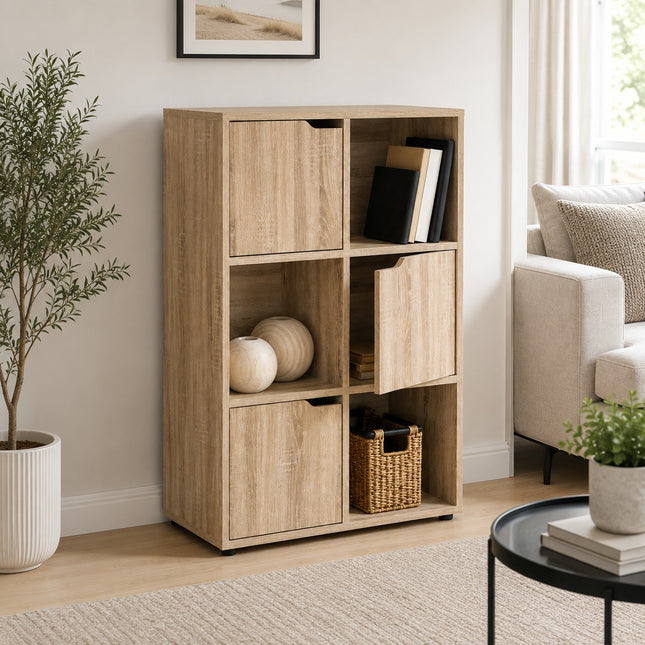 6 Cube Bookcase Shelving Unit with 3 Doors Oak Storage Display Cabinet