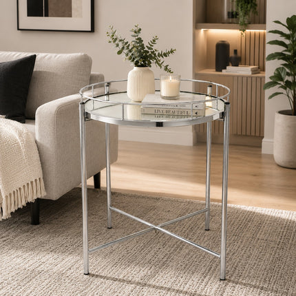 Silver Tray Table with Mirror Top Metal Side Coffee End Table Living Room