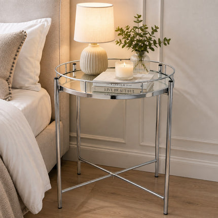 Silver Tray Table with Mirror Top Metal Side Coffee End Table Living Room