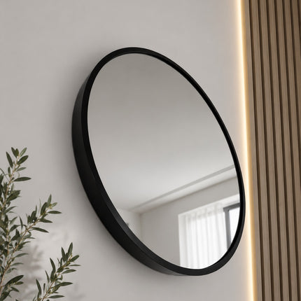 40/50/60cm Round Black Wall Mirror – Glass & Aluminum Alloy Frame Decorative Mirror for Bathroom, Bedroom & Living Room