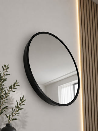 40/50/60cm Round Black Wall Mirror – Glass & Aluminum Alloy Frame Decorative Mirror for Bathroom, Bedroom & Living Room