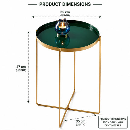 Round Side End Removable Sage Colour Tray With Gold Legs Bed Side Console Table
