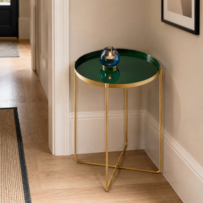 Round Side End Removable Sage Colour Tray With Gold Legs Bed Side Console Table