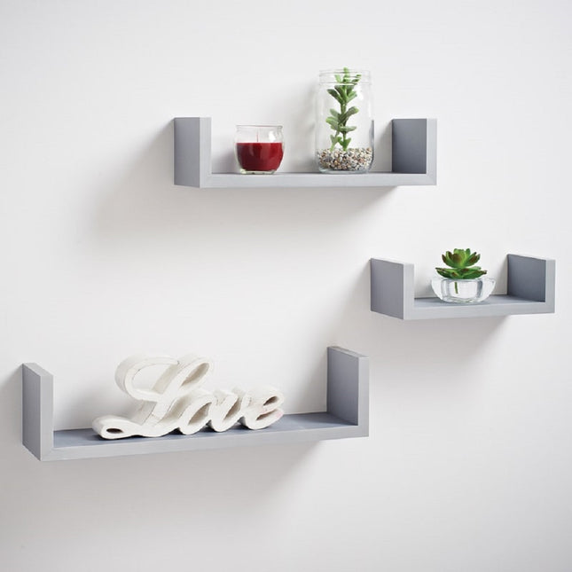 Set of 3 U Shape Floating Wall Shelves Grey Display Storage Shelving