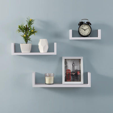 Set of 3 U Shape Floating Wall Shelves White Display Storage Shelving