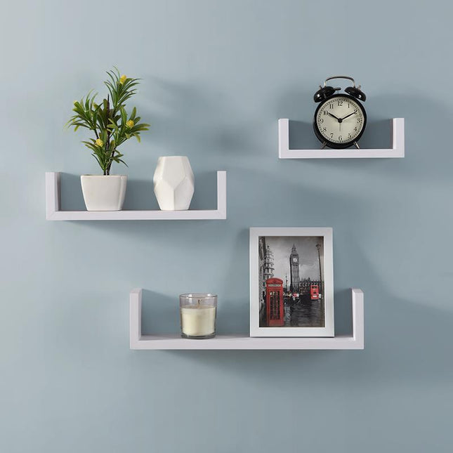 Set of 3 U Shape Floating Wall Shelves White Display Storage Shelving