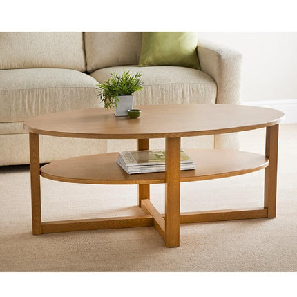 Oak Finish Oval Shaped Coffee Table With Undershelf