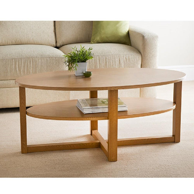 Oak Finish Oval Shaped Coffee Table With Undershelf