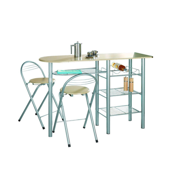 Kitchen Breakfast Bar Table Set with 2 Stools & Storage Rack Dining Furniture