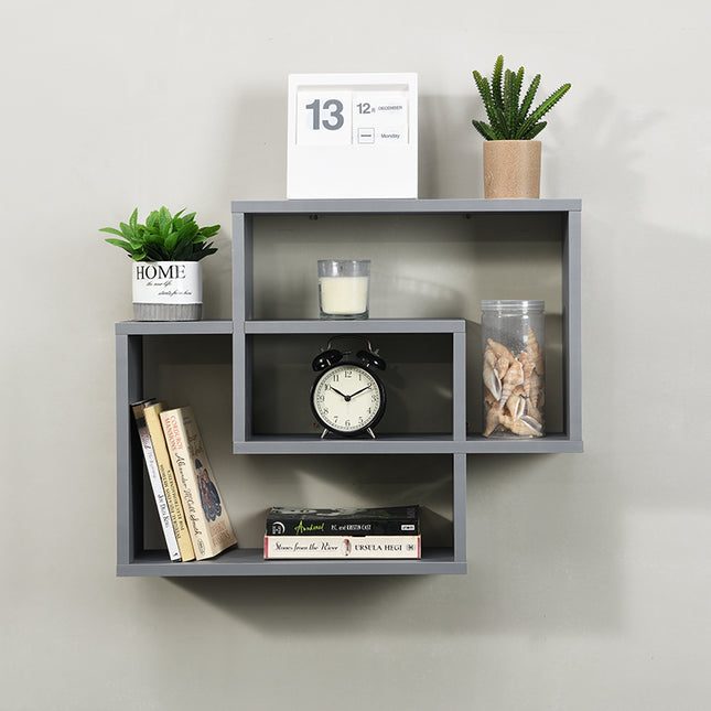 spot on dealz Multi Compartment Display Wall Floating Shelf Wall Decoration 2 Rectangles Antique Style Decorative Collection Organiser (Grey)