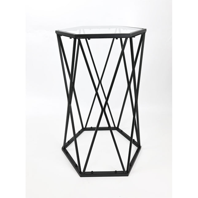 Hexagon Side Table with Glass Top Black Modern End Table Living Room Sofa Table