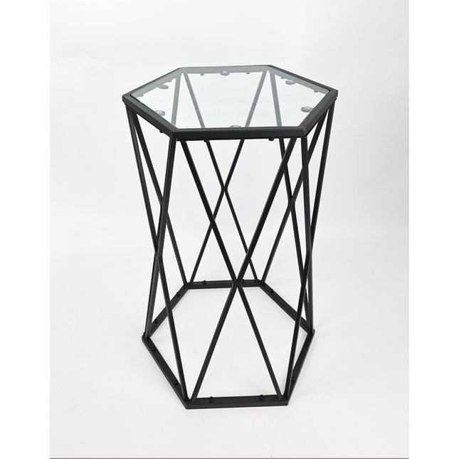 Hexagon Side Table with Glass Top Black Modern End Table Living Room Sofa Table