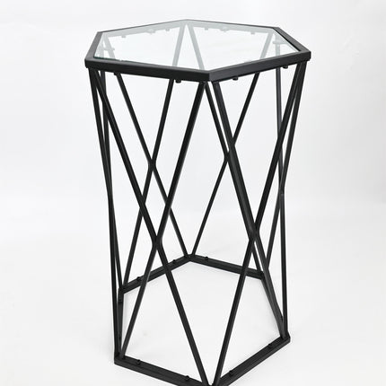 Hexagon Side Table with Glass Top-Black
