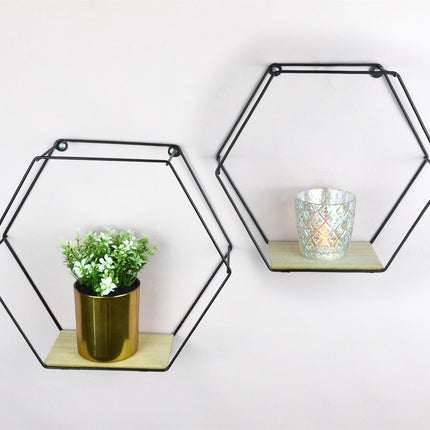 spot on dealz® Set of 2 Metal Wired Hexagon Wall Floating Shelves Elegant Design Fully Assembled Display Unit (Black)