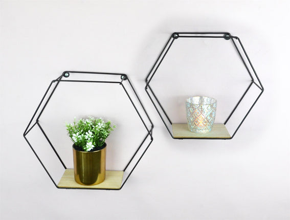 spot on dealz® Set of 2 Metal Wired Hexagon Wall Floating Shelves Elegant Design Fully Assembled Display Unit (Black)