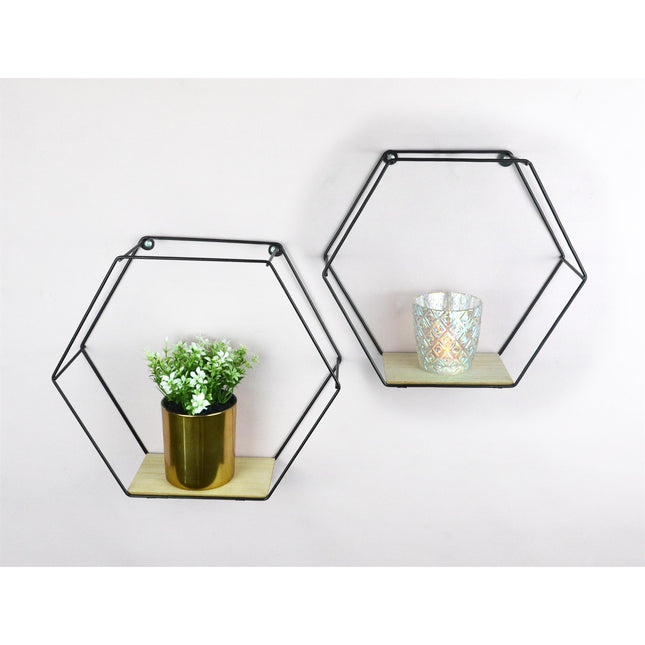 spot on dealz® Set of 2 Metal Wired Hexagon Wall Floating Shelves Elegant Design Fully Assembled Display Unit (Black)