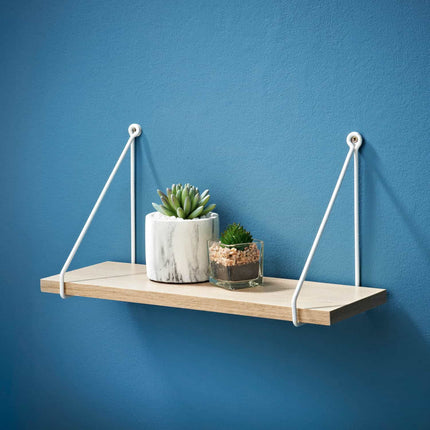 40cm Oak Shelf With White Metal Wire