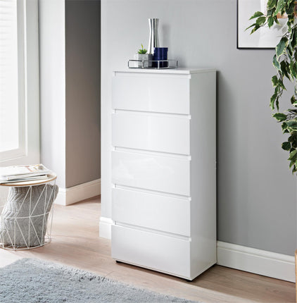 White High Gloss 5 drawer Modern Slim Side chest drawers Storage