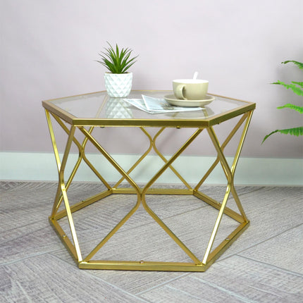 Hexagon Coffee Table With Glass Top-GOLD