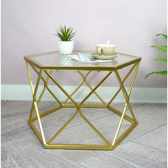 Hexagon Coffee Table With Glass Top-GOLD