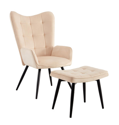 Curved Back Armchair Velvet and Foam Chair With Matching Footstool Black Legs