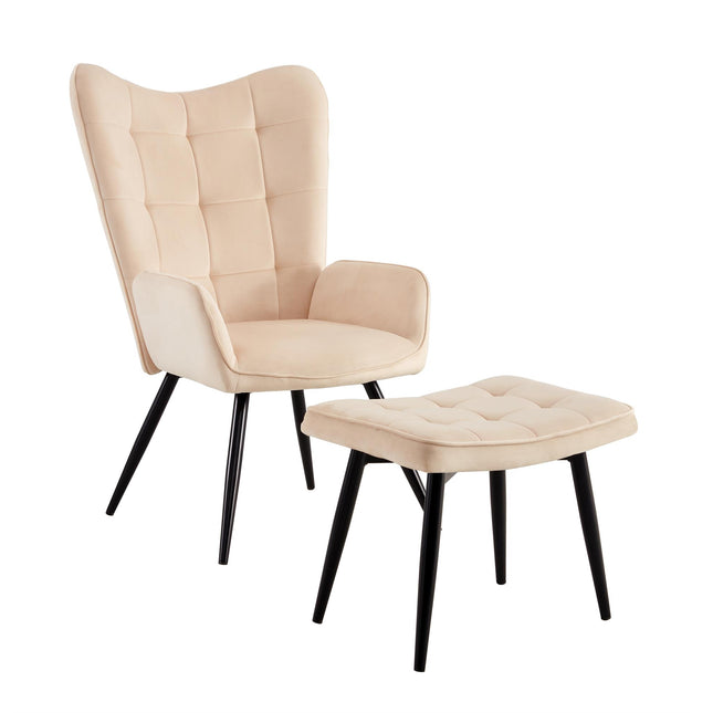 Curved Back Armchair Velvet and Foam Chair With Matching Footstool Black Legs