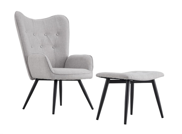 Curved Backrest Chair With Matching Footstool Linen and Foam Armchair Black Legs