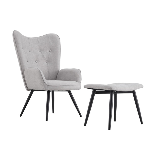 Curved Backrest Chair With Matching Footstool Linen and Foam Armchair Black Legs