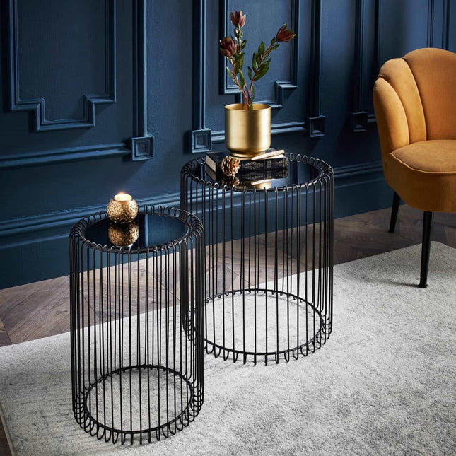 Set of 2 Nesting Side Tables Cage Black Metal Coffee End Tables Living Room Bedroom